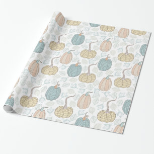 Papel De Presente Abóboras Laranja e Turquesa Vintage Folhas de Outo