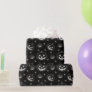 Papel De Presente Abóboras pretas e brancas de Halloween Preto