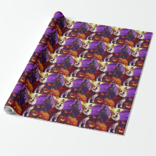 Papel De Presente Abóboras Vampiras Assustadoras de Halloween Corgi