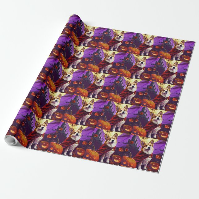 Papel De Presente Abóboras Vampiras Assustadoras de Halloween Corgi (Desenrolado)