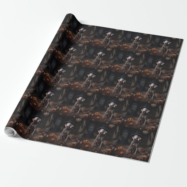 Papel De Presente Abóboras Weimaraner Halloween Assustador (Desenrolado)