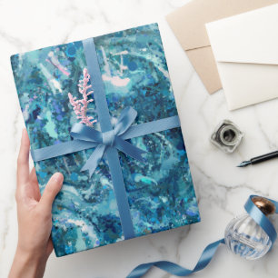 Papel De Presente Abstração das Ondas do Mar Branco Azul