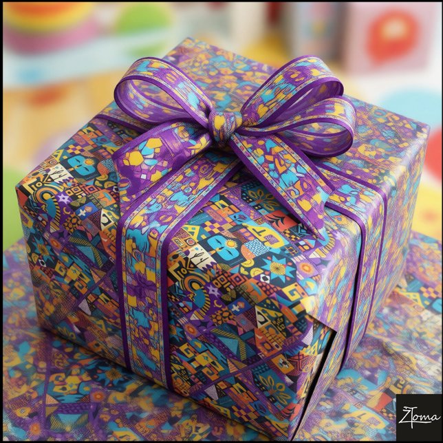 Papel De Presente Abstract Folk Art Geometric Quilt Mosaic (Criador carregado)