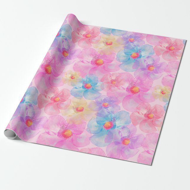 Papel De Presente Abstract Watercolor Pink, Blue Flowers (Desenrolado)