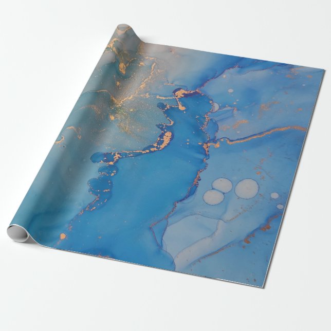 Papel De Presente Abstrato azul-mármore com ouro brilhante (Desenrolado)