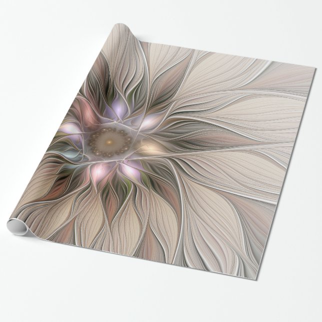 Papel De Presente Abstrato Beige Brown Floral Fractal de Flor Joyful (Desenrolado)