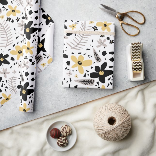 Papel De Presente Abstrato Black Yellow Cinza Floral Sem Costura Pad (Artesanato)