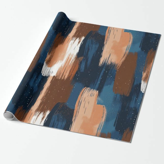 Papel De Presente Abstrato Brushstrokes em Azul, Branco e Marrom (Desenrolado)