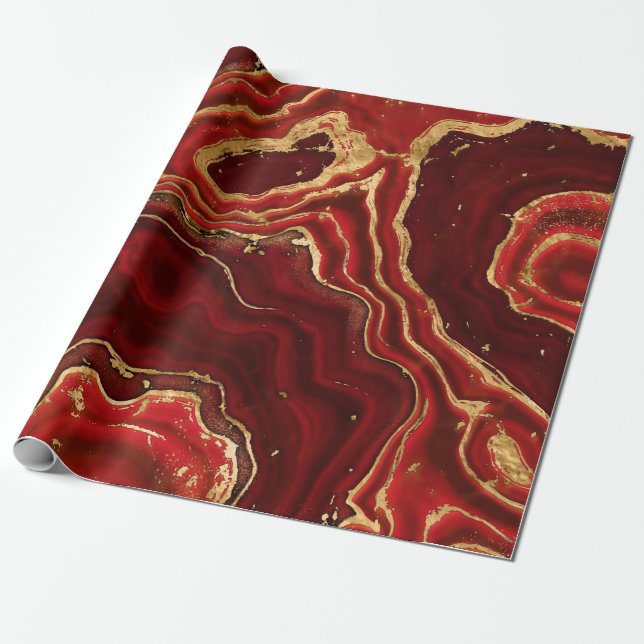 Papel De Presente Abstrato de mármore líquido vermelho e ouro (Desenrolado)