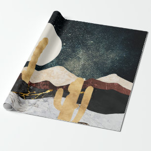 Papel De Presente Abstrato Desert Night Sky com Ouro Cactus