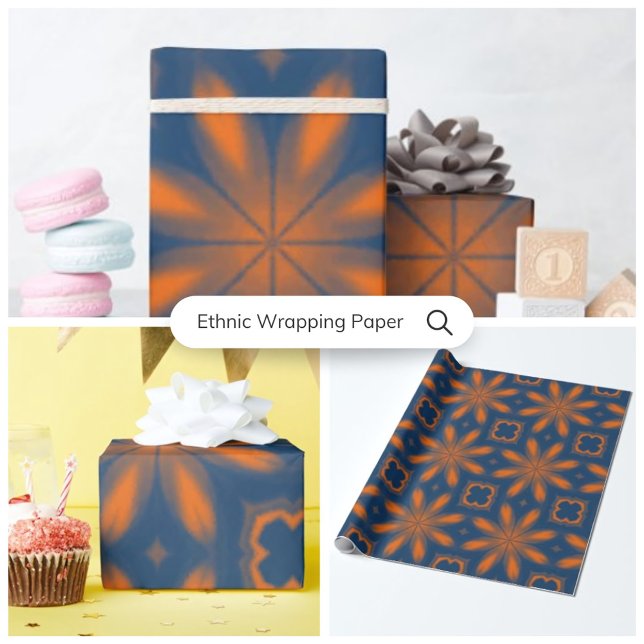 Papel De Presente Abstrato floral caleidoscópio azul escuro laranja (Abstract floral kaleidoscope dark blue orange wrapping paper)