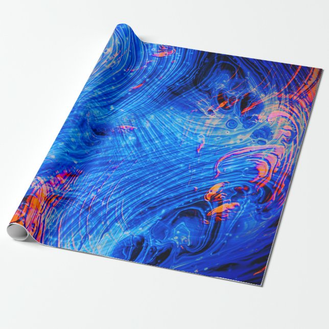 Papel De Presente Abstrato Molten Liquid Saphire Blue e Orange (Desenrolado)