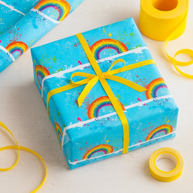 Papel De Presente Abstrato Rainbow Floral Swirls and Paint Splatter (Criador carregado)