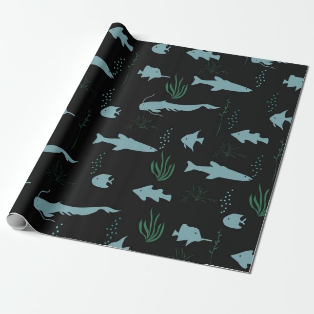 Papel De Presente Abstrato submarino com peixes e algas (Desenrolado)