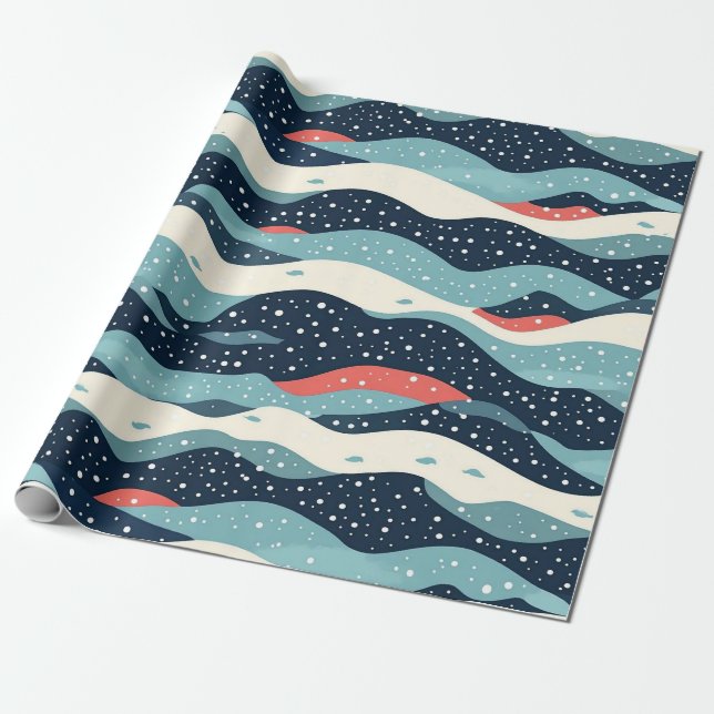 Papel De Presente Abstrato Wavy Lines com pontos de floco de neve (Desenrolado)