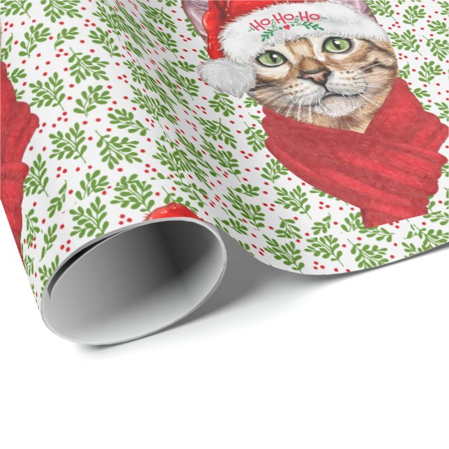 Papel De Presente Abyssinian Cat Ho Ho Santa Hat Feliz Natal (Ponta do rolo)