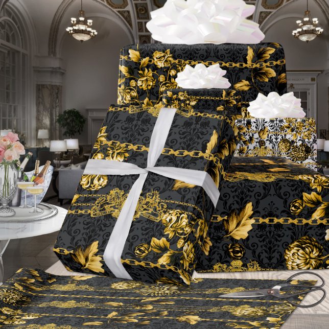 Papel De Presente Acanthus Preto e Dourado Cadeias Douradas Folhas L (Criador carregado)