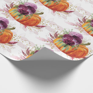 Papel De Presente Ação de Graças Pumpkin Floral Burgundy Detalhes