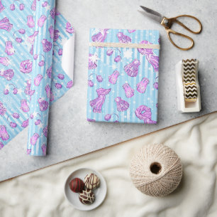 Papel De Presente Acessórios de Inverno Fofo Azul e Roxo Aquarela
