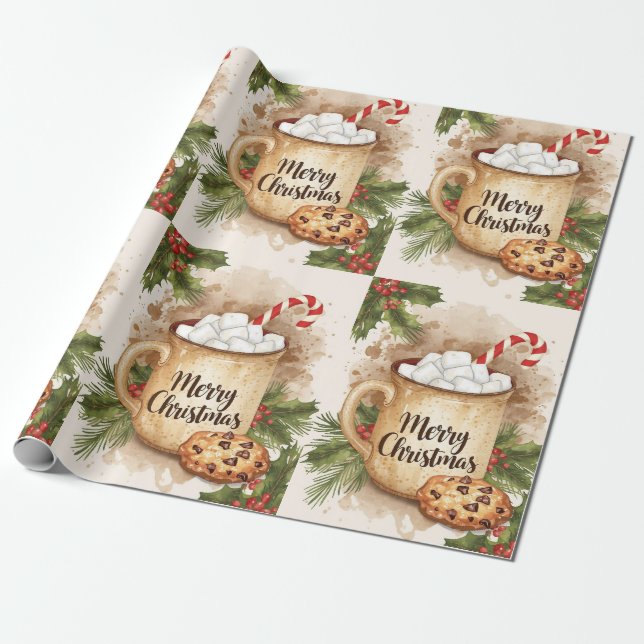 Papel De Presente Aconchegante cacau feliz Natal biscoito azevinho f (Desenrolado)
