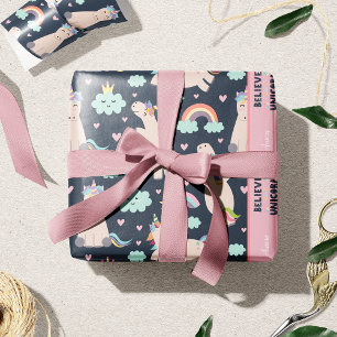 Papel De Presente Acredite em Unicórnios, Criança de Padrão Azul e R