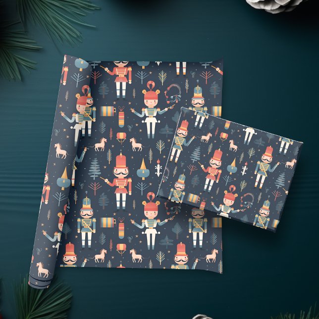 Papel De Presente Acrélio Azul Marinho Natal Festivo (Nutcracker Navy Blue Festive Christmas Wrapping Paper)