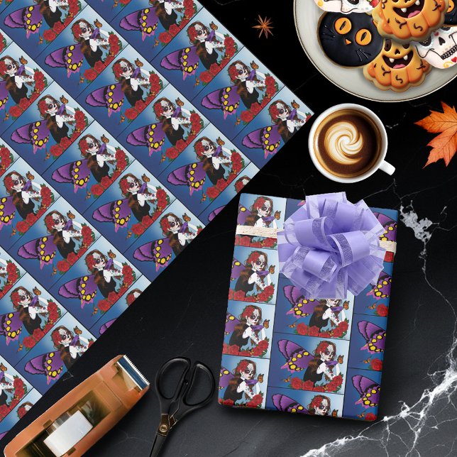 Papel De Presente Açúcar Morado Caveira Fada Rosas Vermelhas Monarca (Criador carregado)