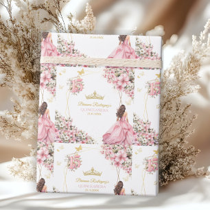 Papel De Presente Adesivo de Borboletas Florais Tiara Dourada Rosa C