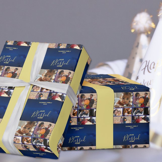 Papel De Presente Adicionar Fotografias Abençoadas no Feriado de Ano (Add Photos Blessed Year Holiday Photo Wrapping Paper)