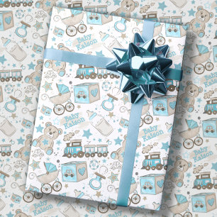 Papel De Presente Adicione o nome do bebê Nursert Blue Newborn Glit
