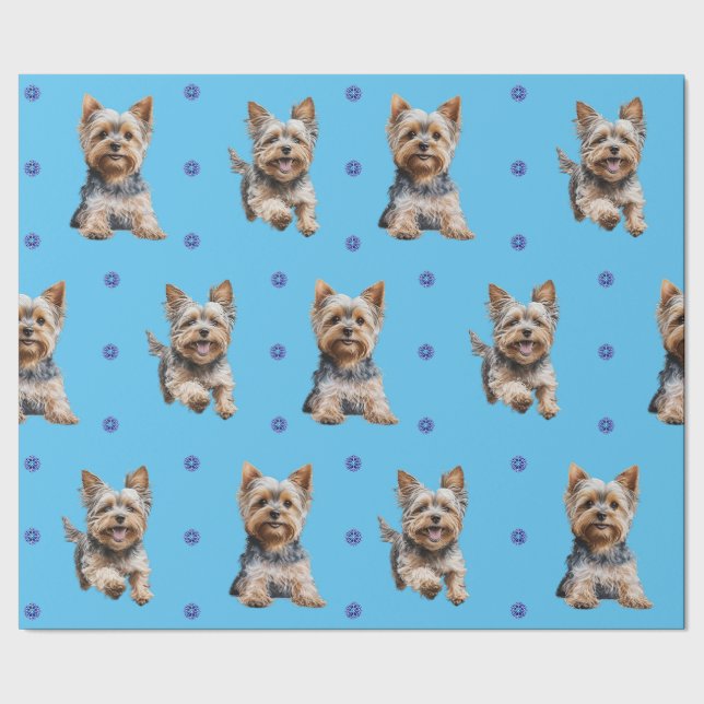 Papel De Presente Adorable Yorkshire Terrier Christmas em azul (Barra)