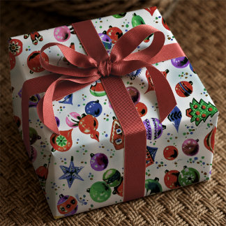 Papel De Presente Adoráveis Enfeites de Natal Coloridos e Retrô