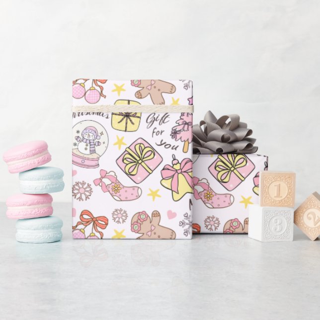 Papel De Presente Adoráveis Enfeites de Natal Rosa Pastel (Chá de bebê)