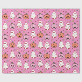 Papel De Presente Adoráveis Fantasmas e Abóboras de Halloween Rosa