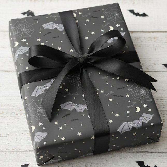 Papel De Presente Adorável Black Spooky Bonito Gatinho Bats Hallowee (Black Bats Wrapping Paper for Halloween or October Birthday Party. Whimsical Wings Halloween Pattern)