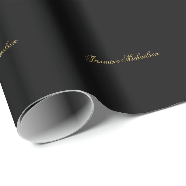 Papel De Presente Adorável Caligrafia de Nome Chic Preto e Dourado (Ponta do rolo)