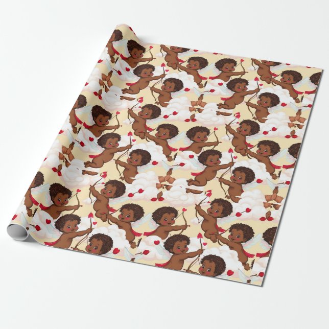 Papel De Presente Adorável Cherub Afro-Americano com Corações (Desenrolado)