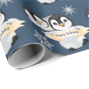 Papel De Presente Adorável Criança Pinguim Feliz Aniversário