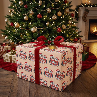 Papel De Presente Adorável Família de Pinguins de Natal de Inverno