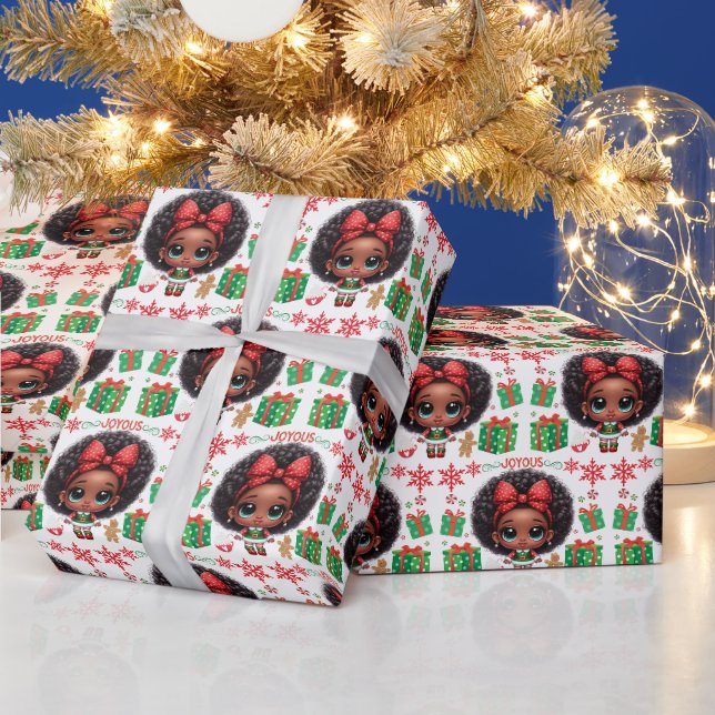 Papel De Presente Adorável Menina Elfa de Natal Afro (Feriados)