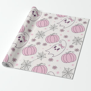 Papel De Presente Adorável Padrão de Abóbora Rosa de Halloween