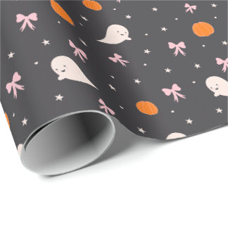 Papel De Presente Adorável padrão de fantasma de Halloween Preto