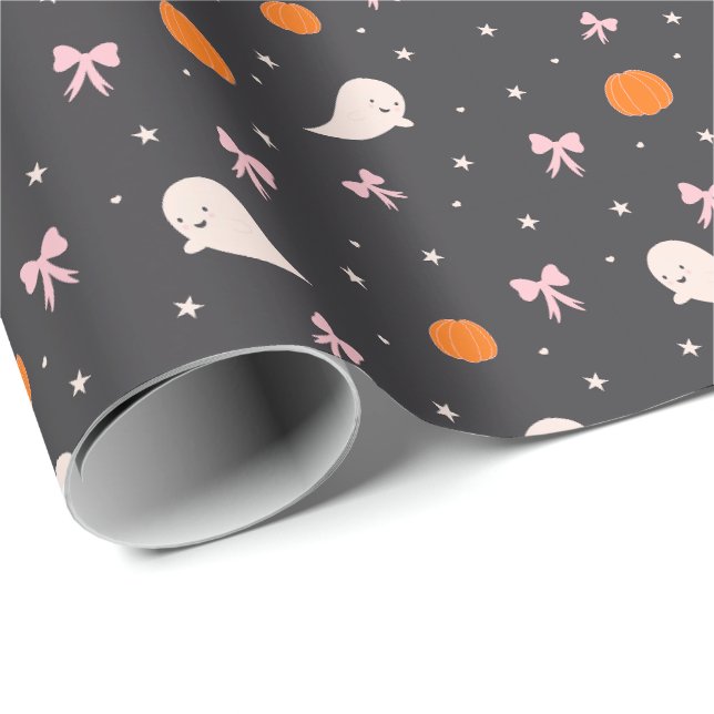 Papel De Presente Adorável padrão de fantasma de Halloween Preto (Ponta do rolo)
