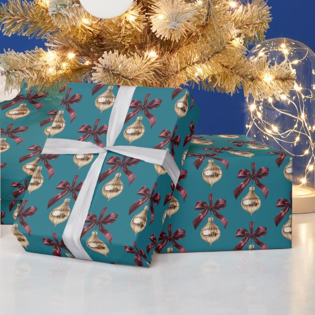 Papel De Presente Adorno de Natal Dourado com Laço Verde Turquesa e  (Feriados)