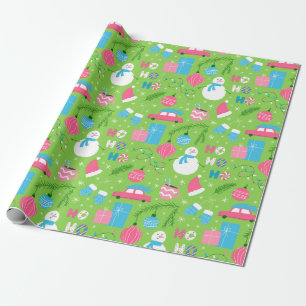Papel De Presente Adorno de Natal Homens de Neve Azul Rosa Verde Fes