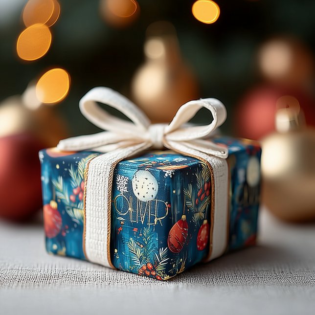 Papel De Presente Adornos Clássicos de Natal Azul & Padrão de Azevin (Criador carregado)