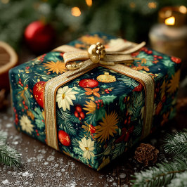 Papel De Presente Adornos Clássicos de Natal & Folhagem de Feriado