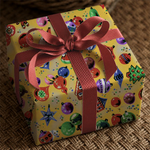 Papel De Presente Adornos de Natal amarelos fofos retrô
