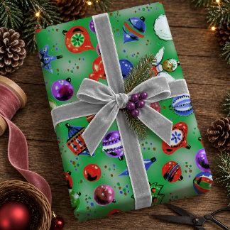 Papel De Presente Adornos de Natal Coloridos Verdes Fofo e Retro