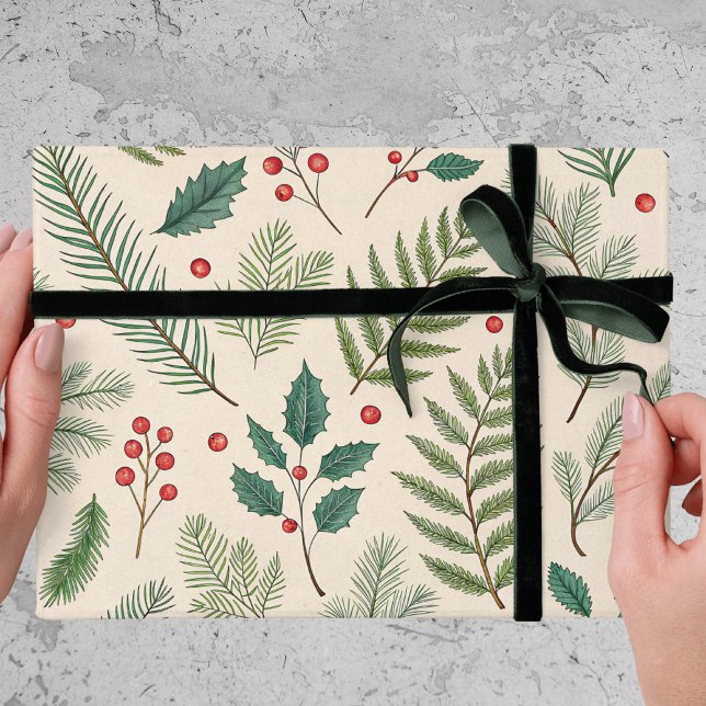 Papel De Presente Adornos de Natal Frutas Vermelhas Árvore de Pinhei (Criador carregado)